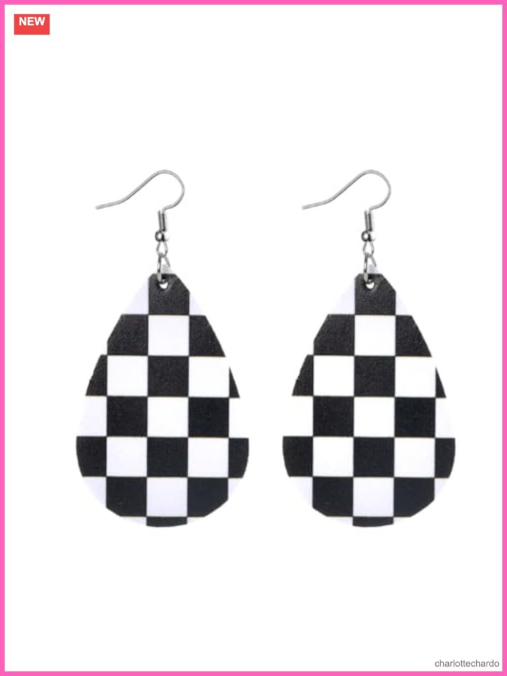 Leather Teardrop Dangle Earrings Checkerboard Checkered